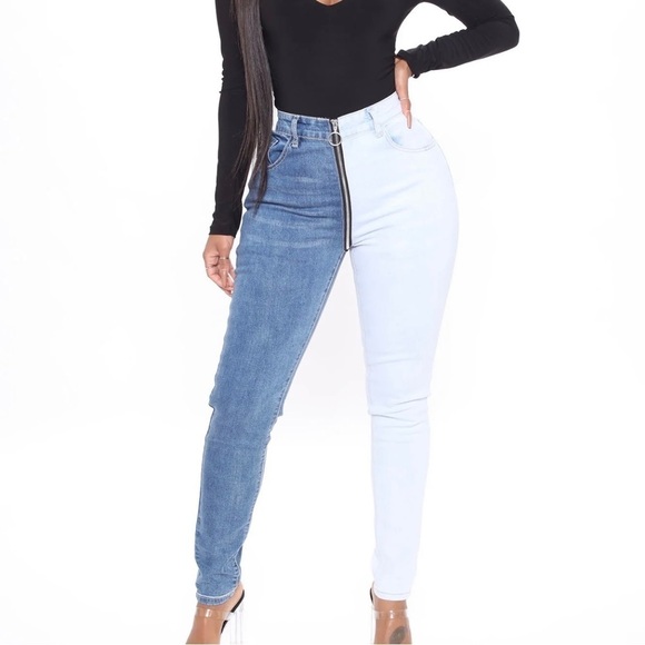 Fashion Nova Change The Panel Two Tone Skinny Jeans - Blue/Combo Full Zip Fly - Picture 15 of 15